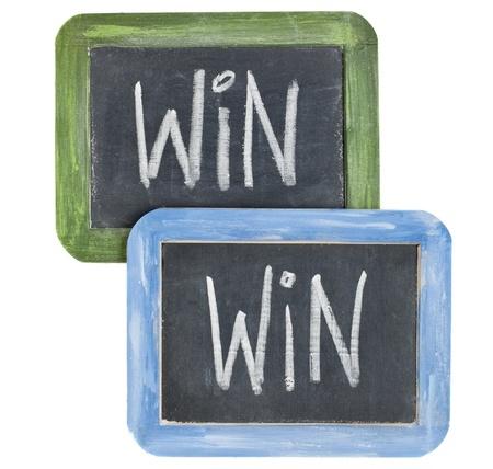 2 chalk boards that both have the word "Win" written on them