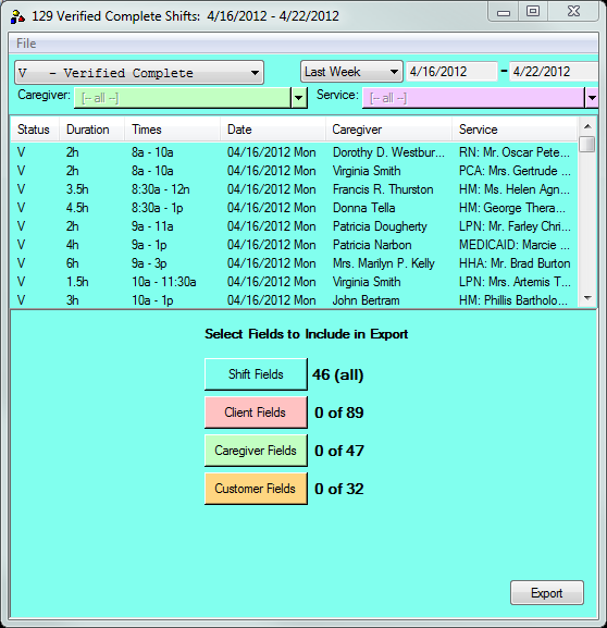 Screenshot of exporting shifts