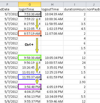 Screenshot of spreadsheet selections