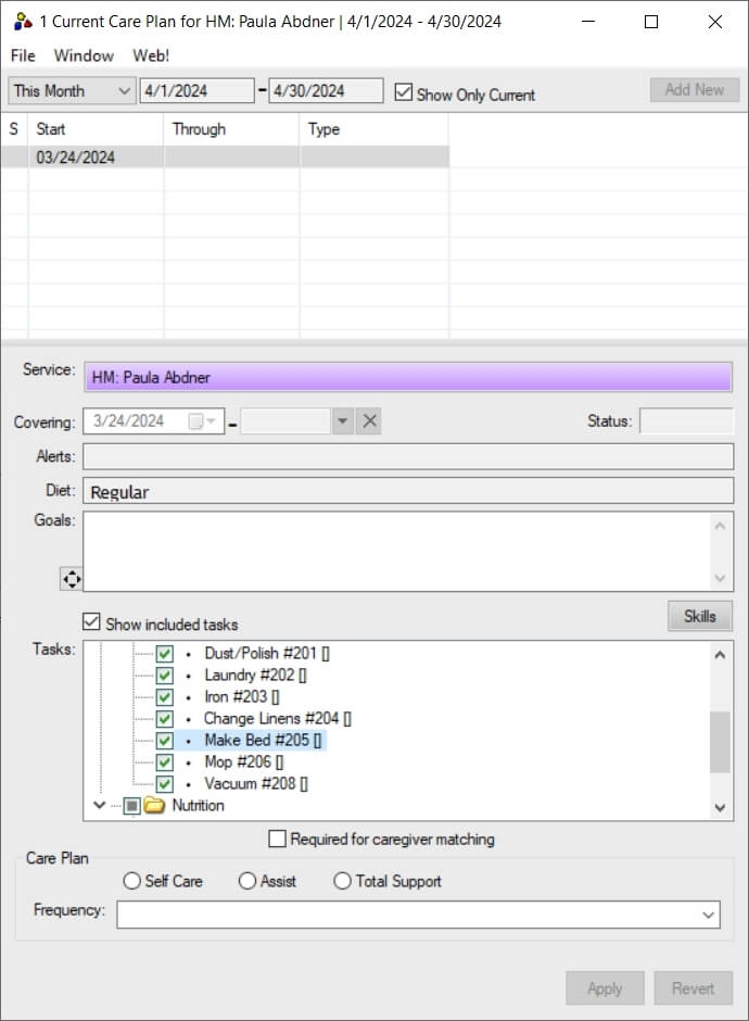 An example of a care plan in the Rosemark System home care management software