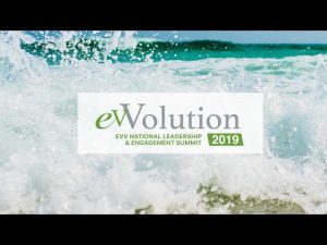 An image of waves crashing in the background, overlaid with the evVolution 2019 converence logo