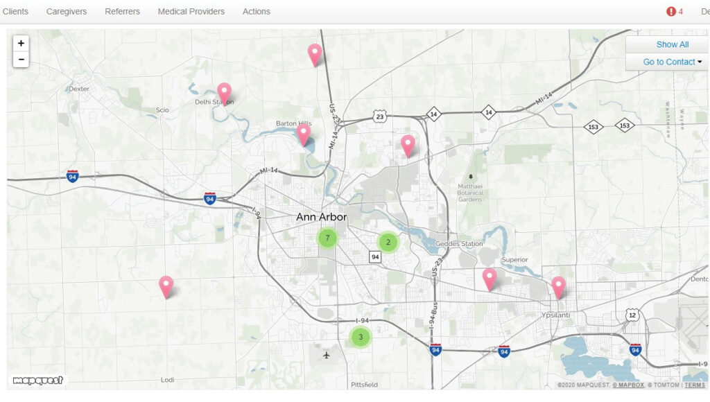 Map of caregivers and clients in the Mapping section of the Rosemark System home care management software