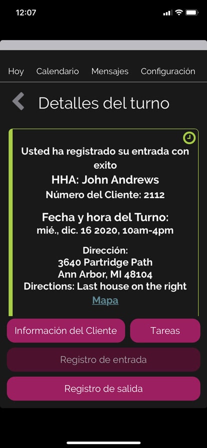 Screenshot of Spanish Caregiver Mobile App