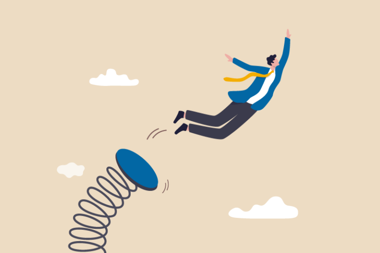illustrated businessman launching off of a spring and into the air