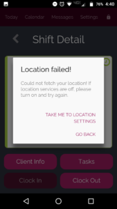 Rosemark System Caregiver mobile app showing location failed error