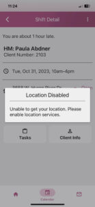 The Rosemark Caregiver App screen that shows a location disabled error message