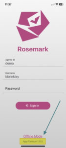 The home screen of the Rosemark Caregiver App, showing users where to find their system information and app version