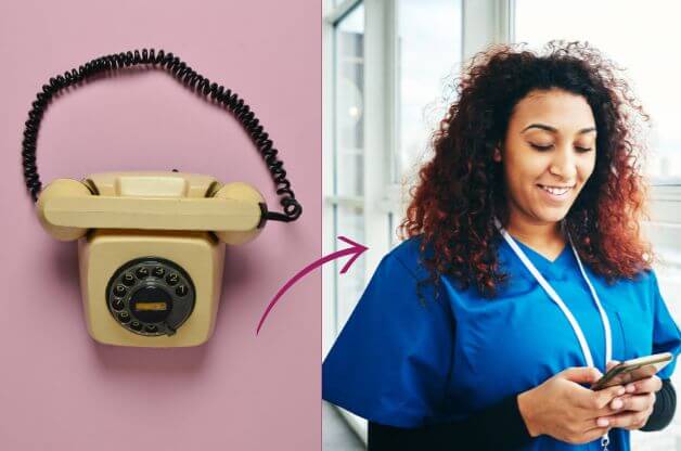 rotary telephone with an arrow pointing to a caregiver using a mobile phone to clock in and out of her shift