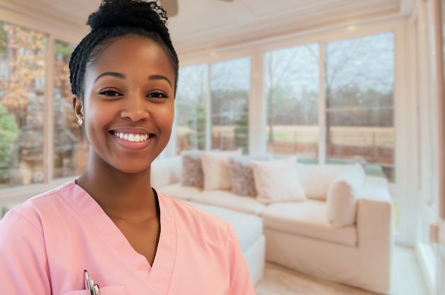 Smiling female caregiver in pink scrubs, representing strong caregiver retention and engagement in home care