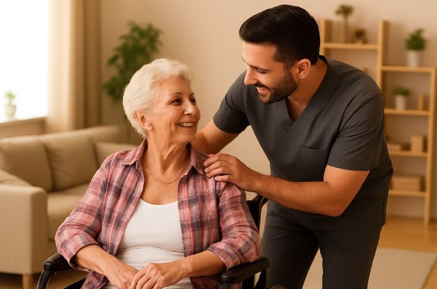 Caregiver assisting an older adult client at home, representing streamlined home care operations and quality non-medical care