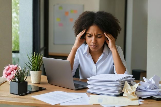 A stressed home care agency administrator sitting at a desk with a laptop and large stacks of paperwork, illustrating the administrative burden and inefficiency of manual scheduling.