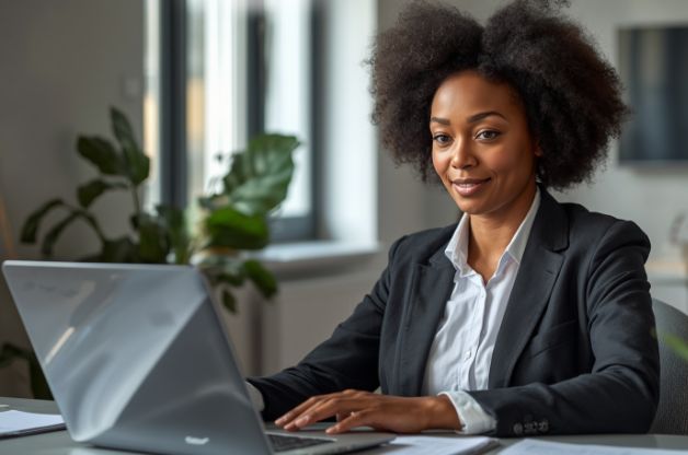 Confident home care agency owner sitting at a desk and smiling, using a laptop in a bright office