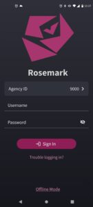 Home screen of the Rosemark Caregiver App, showing how non-medical home care agency caregivers can clock in for their shift